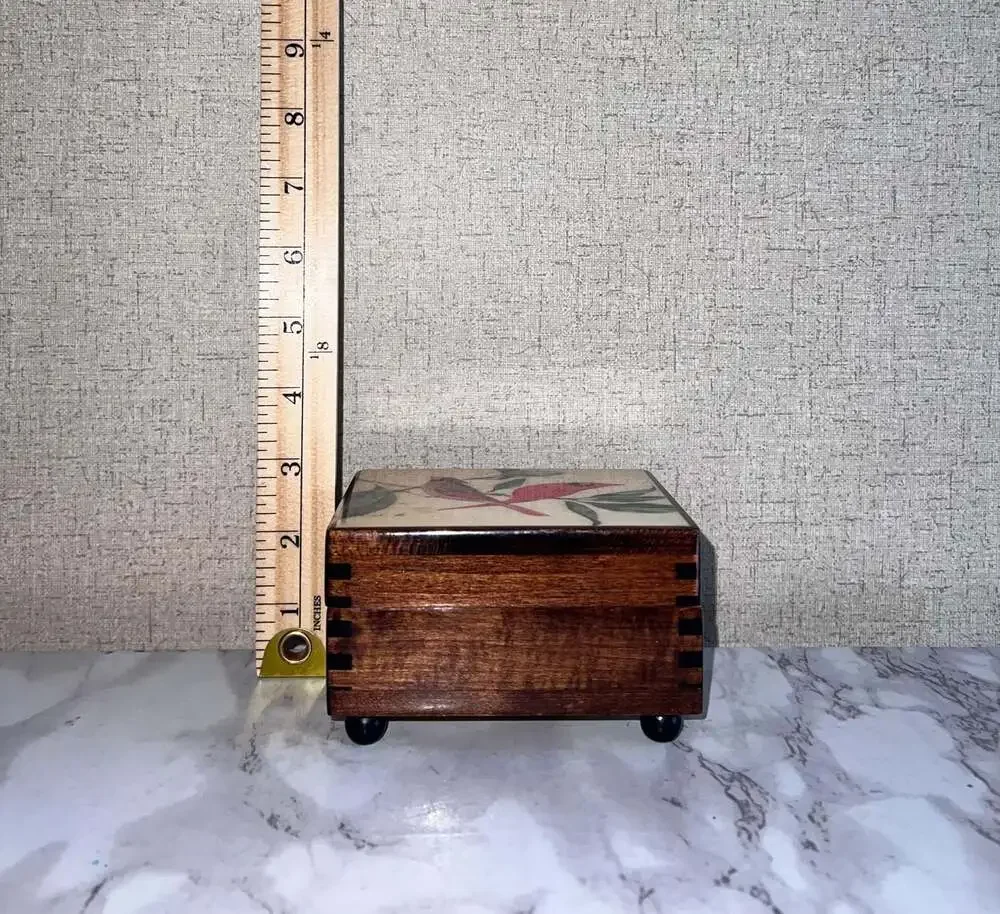 Vintage Reuge Wooden Music Box with Cardinal Tile Lid